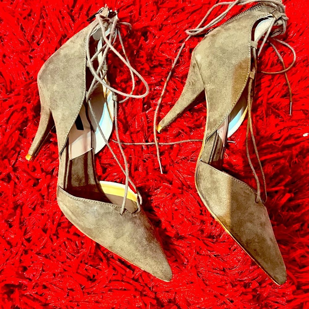 Army green pointed toe wrap around the ankle heels